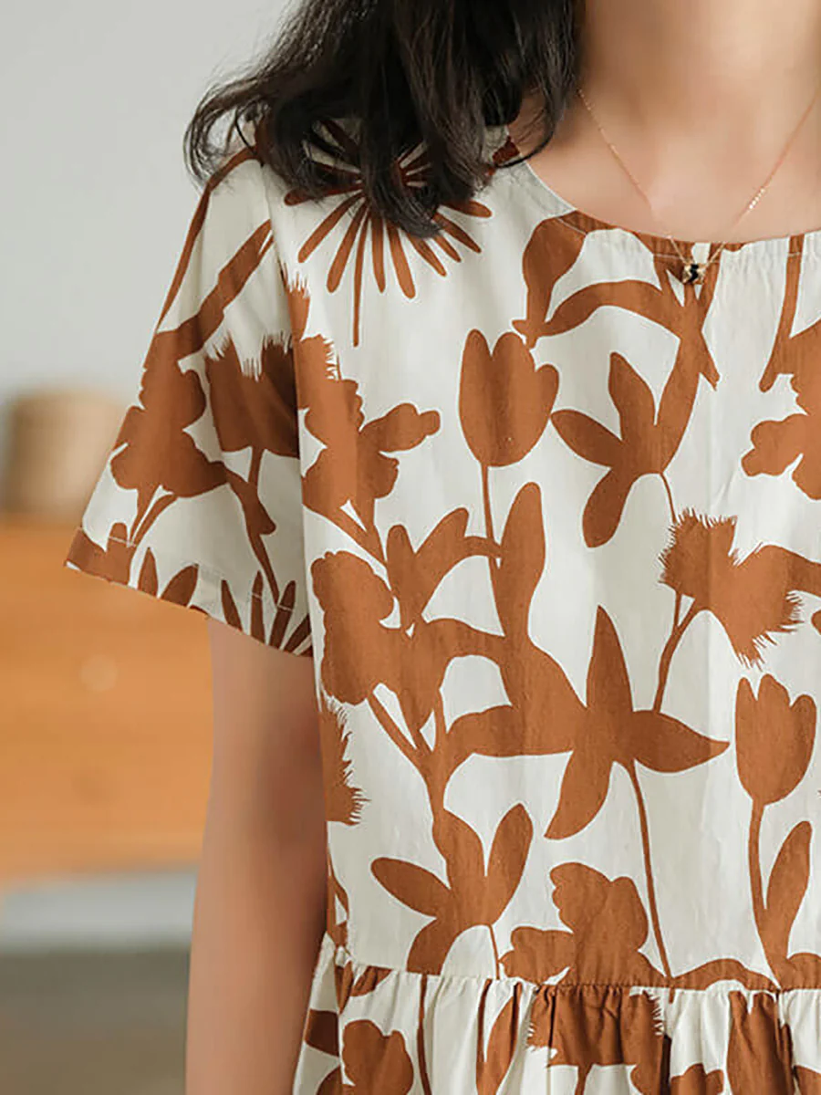 Plus Size Cotton O-neck Floral Dress - Image 12