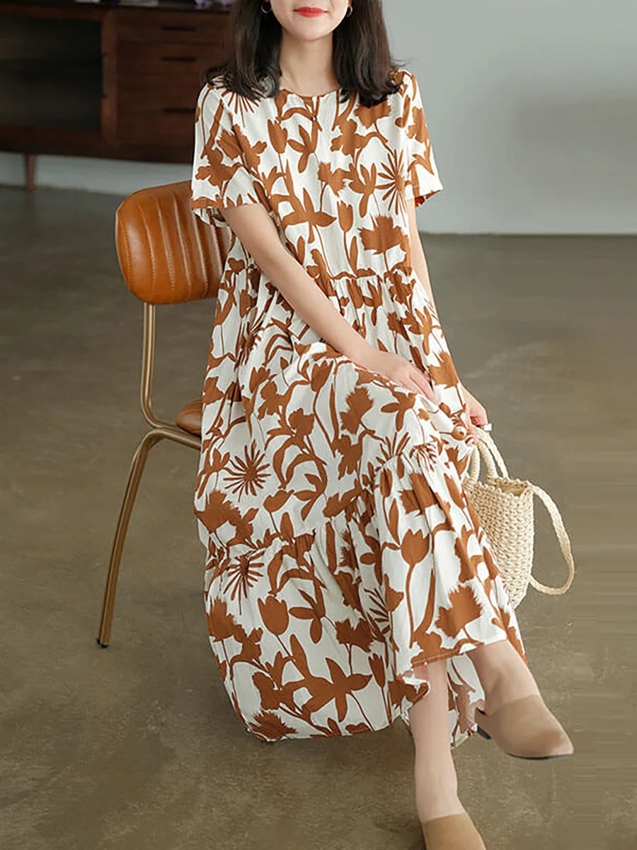 Plus Size Cotton O-neck Floral Dress - Image 3