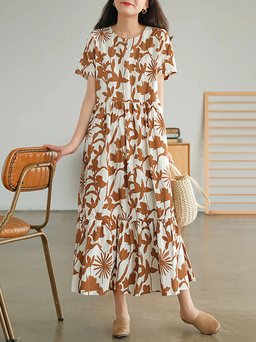 Plus Size Cotton O-neck Floral Dress - Image 4