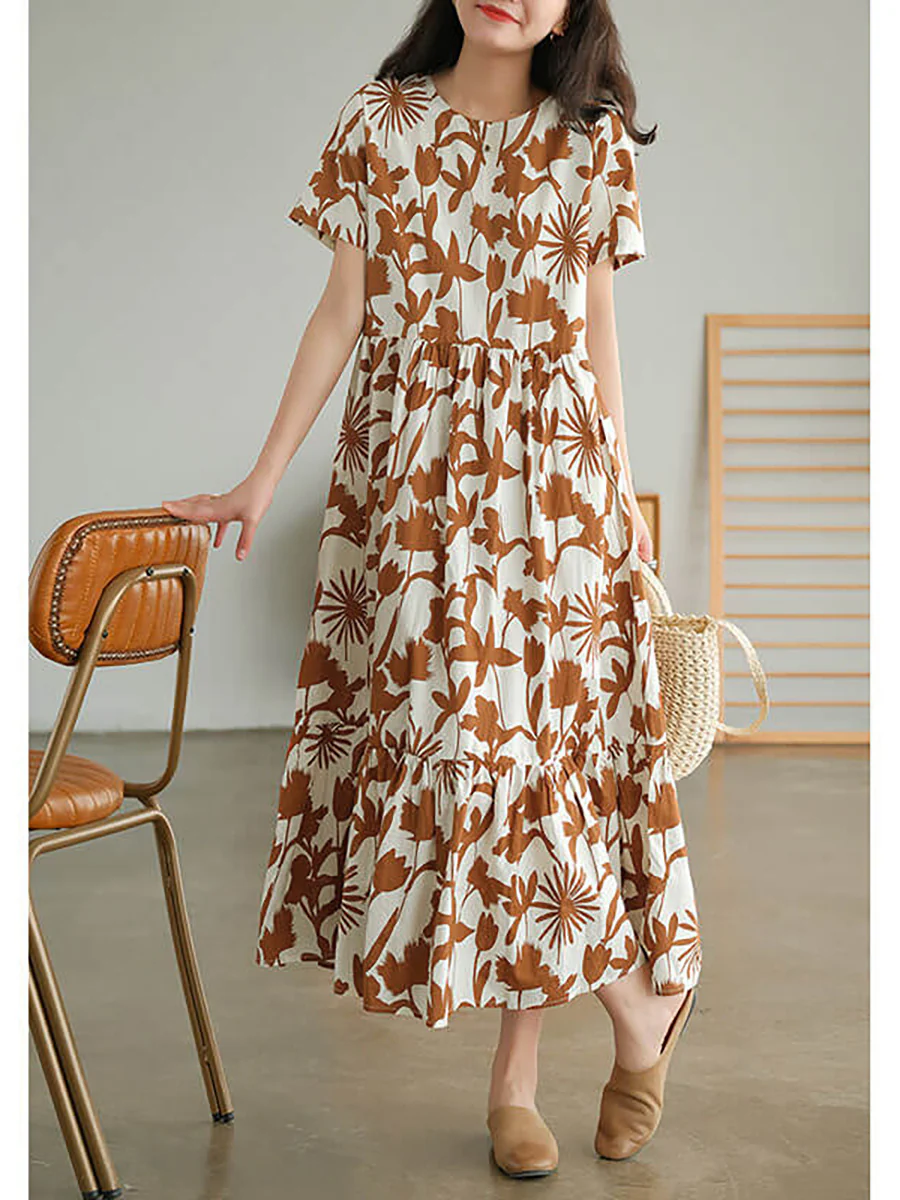 Plus Size Cotton O-neck Floral Dress - Image 5
