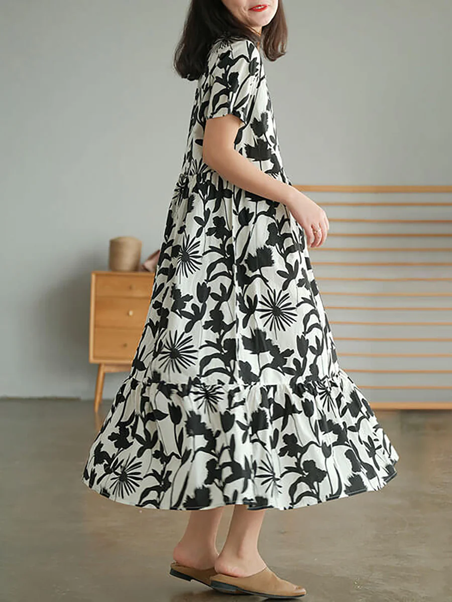 Plus Size Cotton O-neck Floral Dress - Image 6