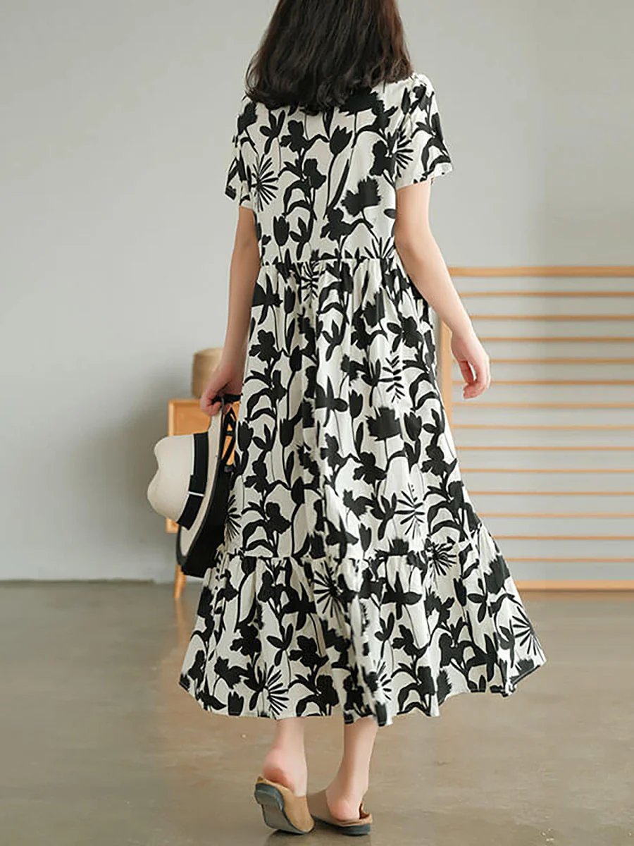 Plus Size Cotton O-neck Floral Dress - Image 7