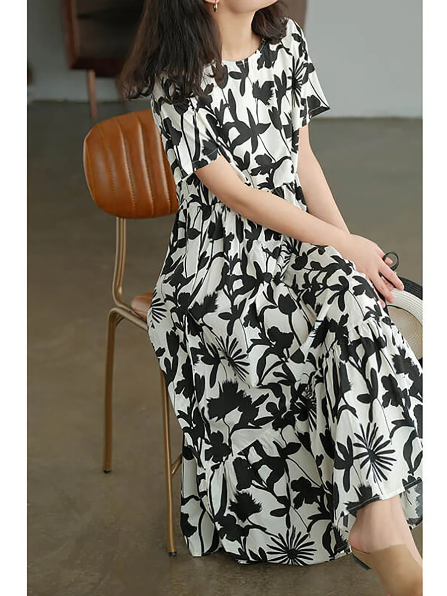Plus Size Cotton O-neck Floral Dress - Image 8