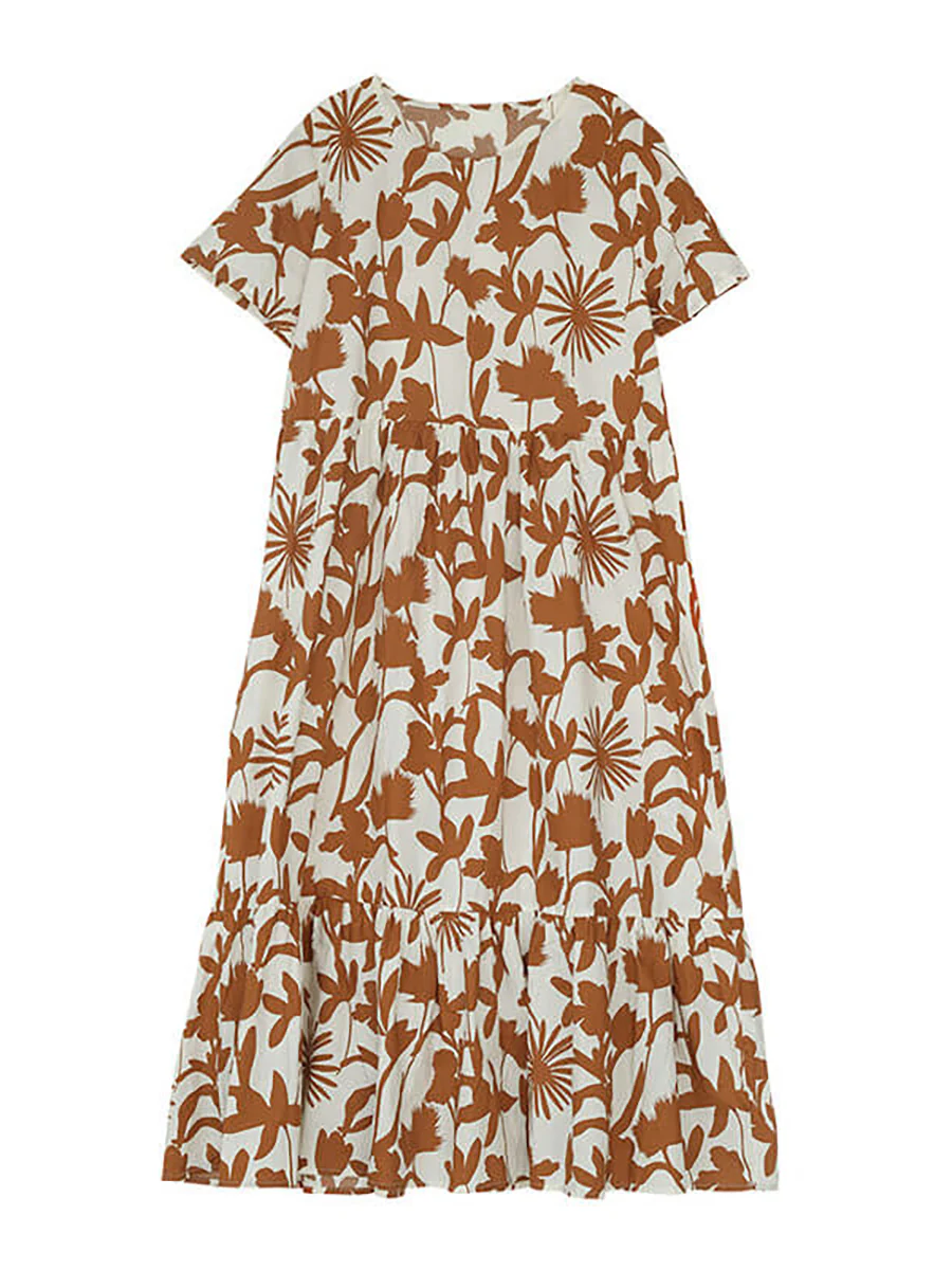 Plus Size Cotton O-neck Floral Dress - Image 9