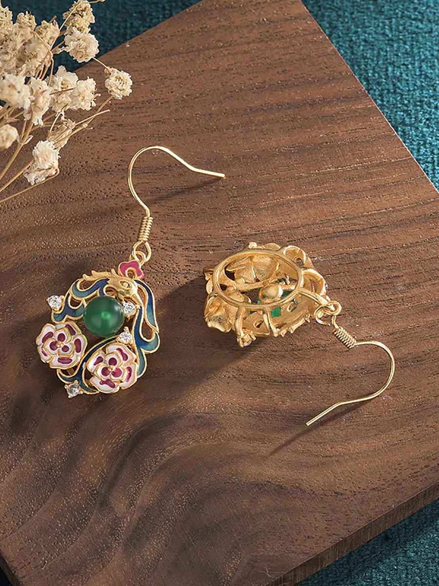 Women Chinese Style Enamel Flower Jade Silver Earrings - Image 3