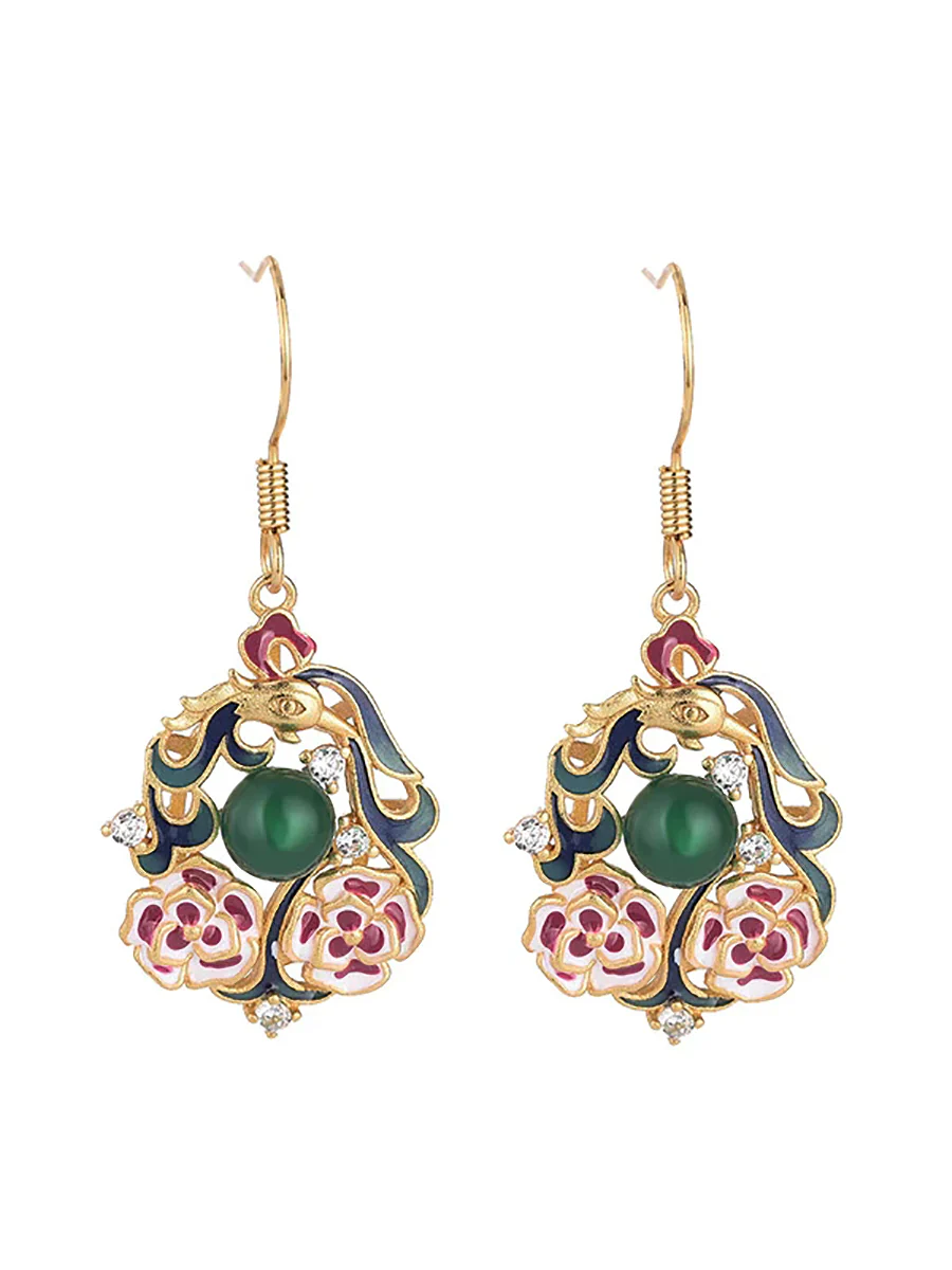 Women Chinese Style Enamel Flower Jade Silver Earrings - Image 4
