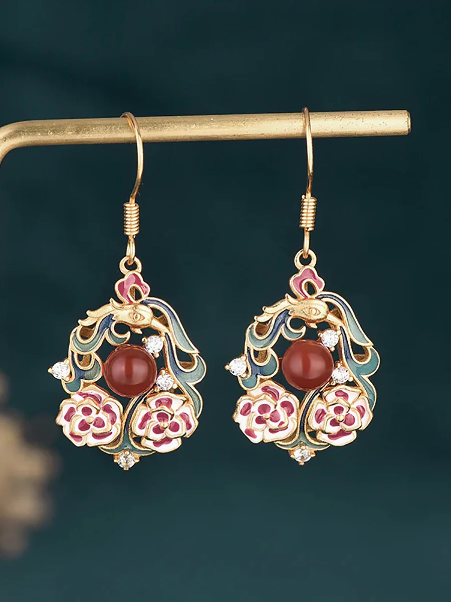 Women Chinese Style Enamel Flower Jade Silver Earrings - Image 5