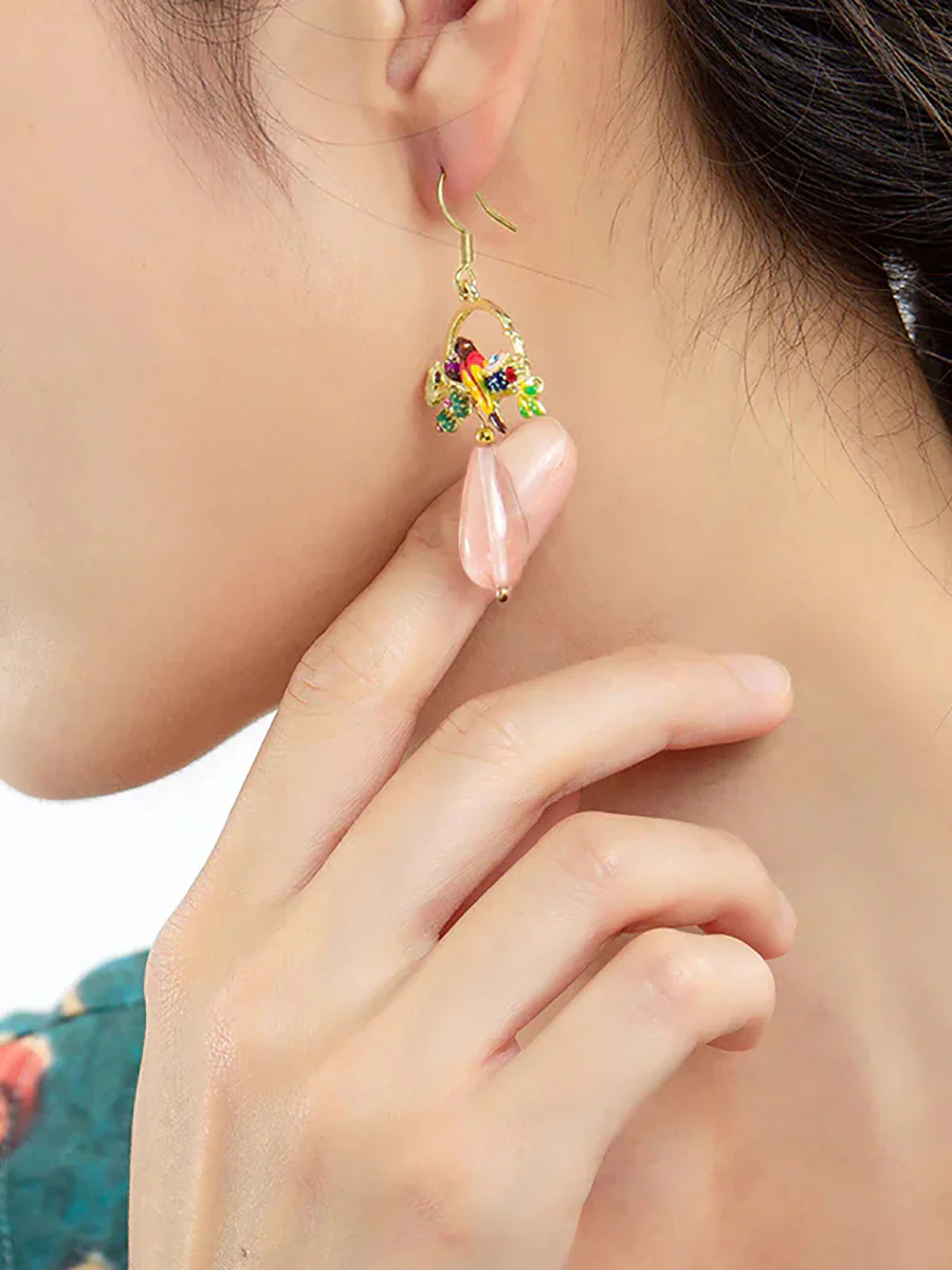 Bird And Flower Chalcedony Pendant Earrings - Image 3