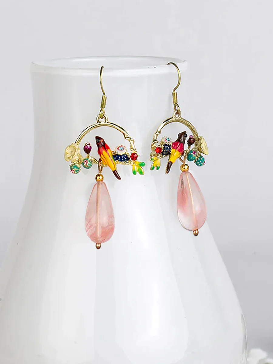 Bird And Flower Chalcedony Pendant Earrings - Image 5