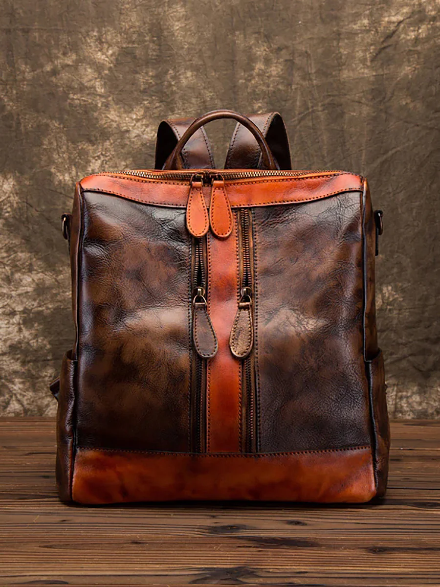 Casual Travel Color Matching Leather Backpack - Image 3