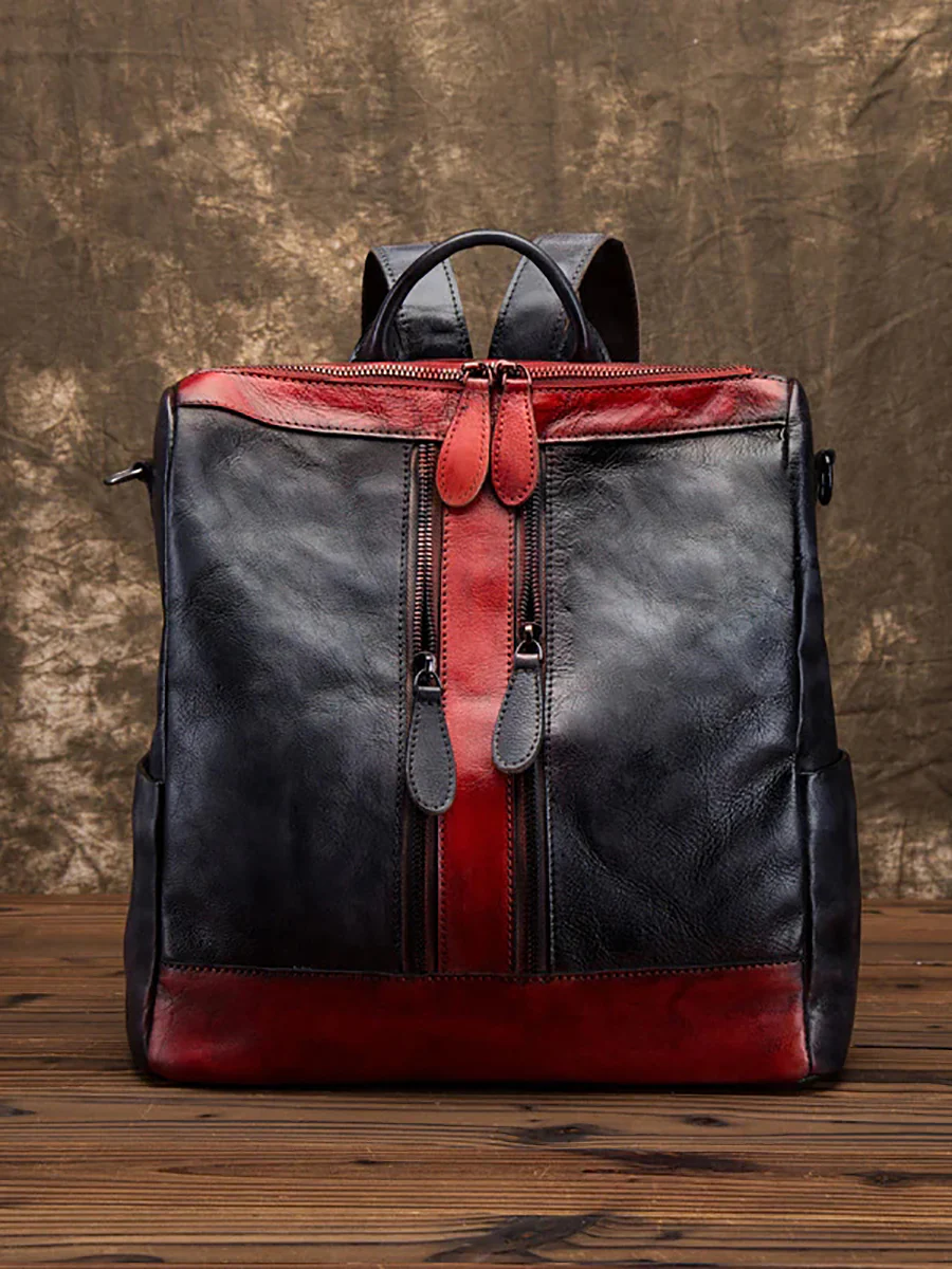 Casual Travel Color Matching Leather Backpack - Image 4