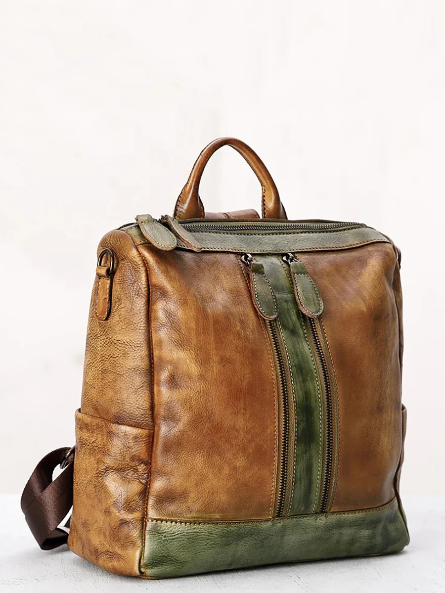 Casual Travel Color Matching Leather Backpack - Image 5