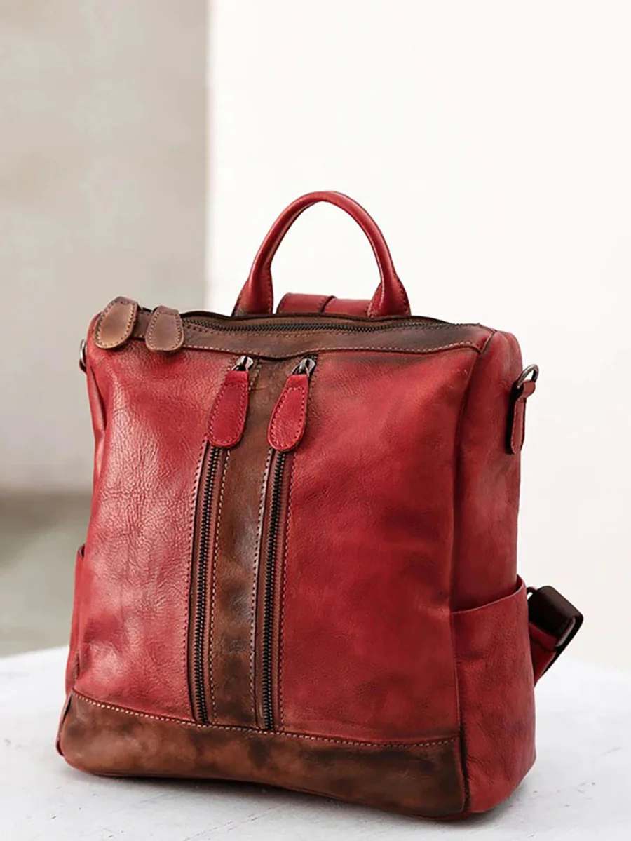 Casual Travel Color Matching Leather Backpack - Image 6