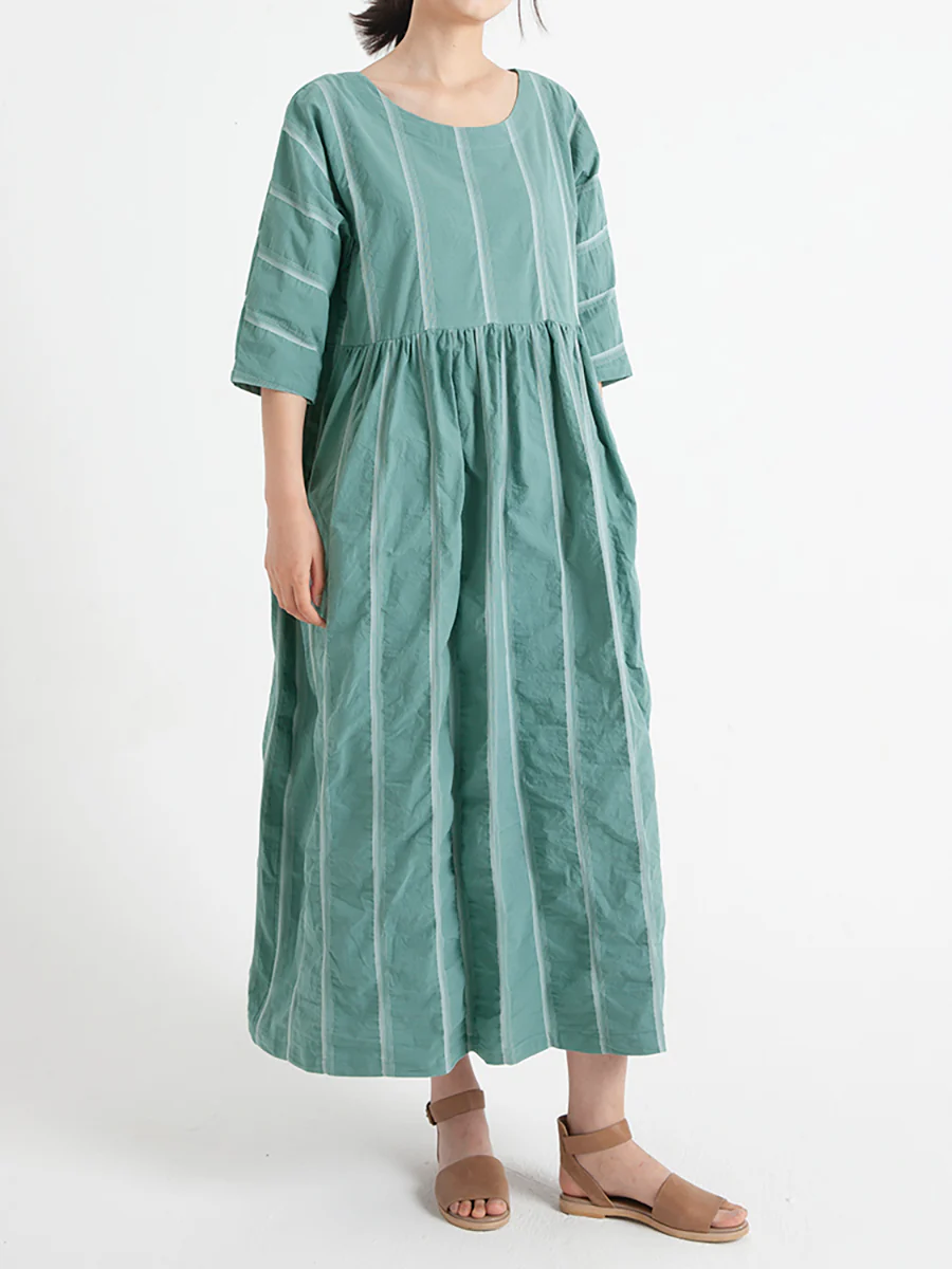 Plus Size Cotton Casual Summer Half Sleeve Loose Pleated Dress - Image 3