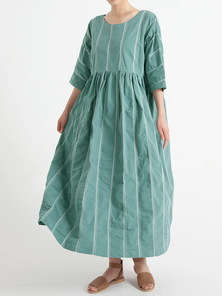 Plus Size Cotton Casual Summer Half Sleeve Loose Pleated Dress - Image 4