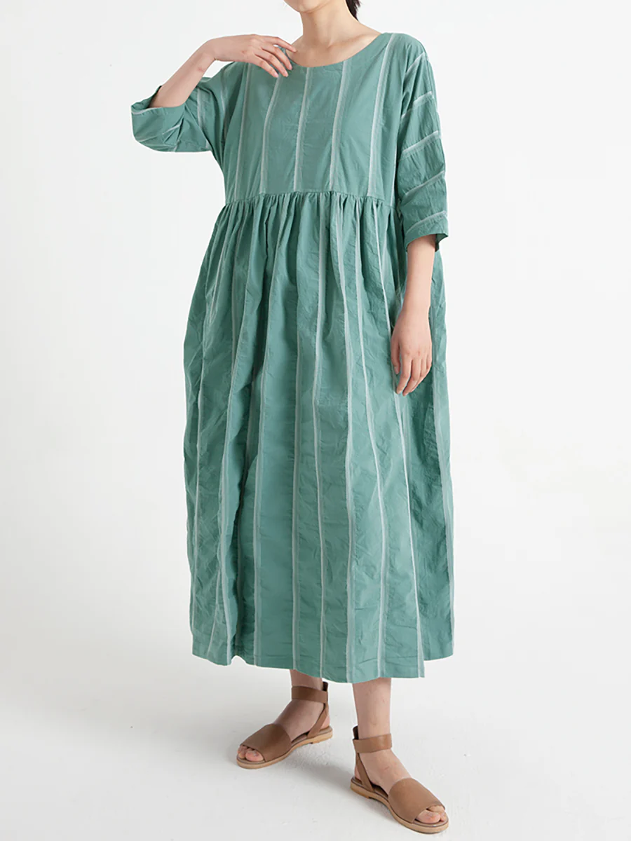 Plus Size Cotton Casual Summer Half Sleeve Loose Pleated Dress - Image 6