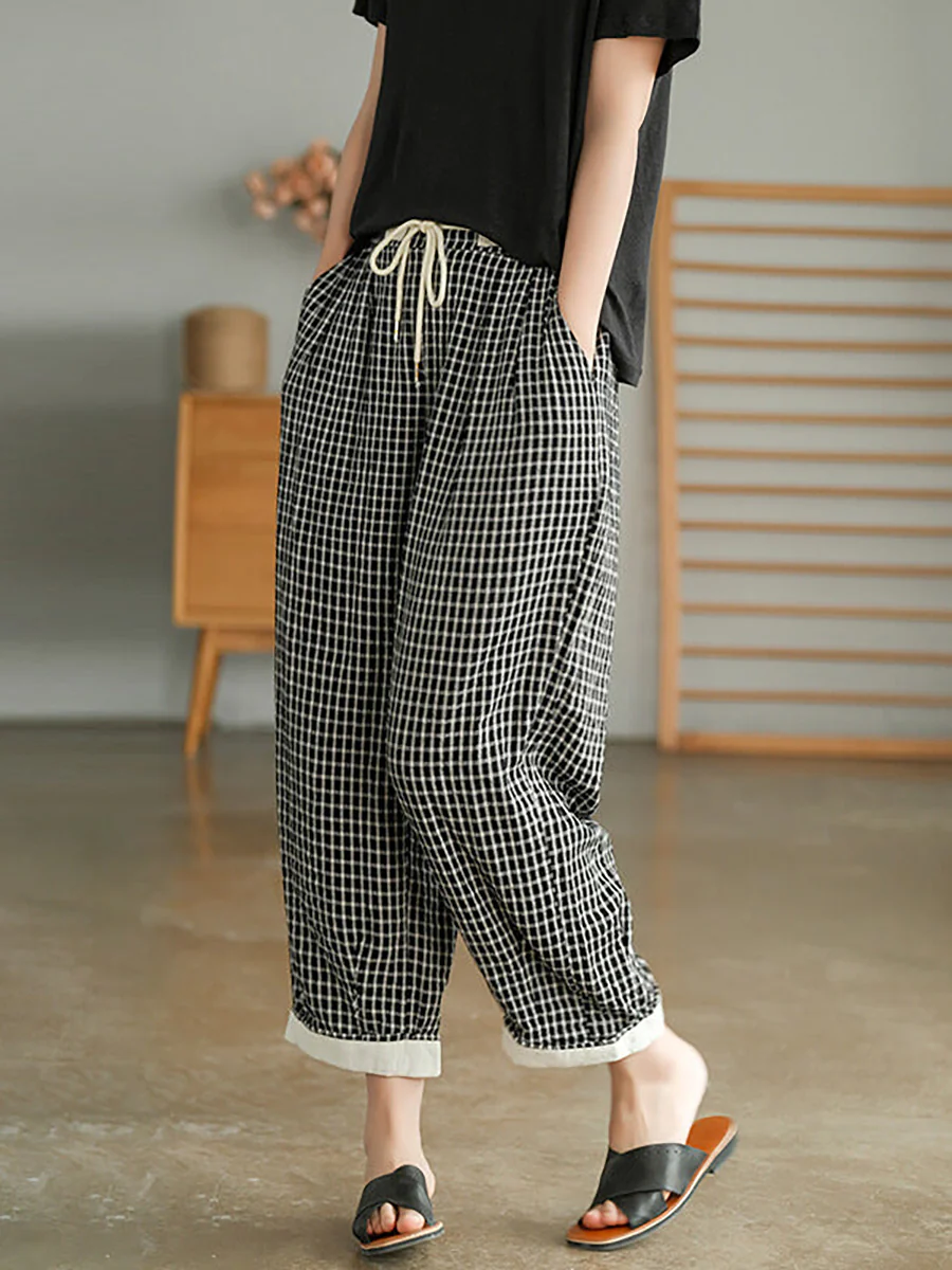 Plus Size Women Plaid Drawstring Pocket Casual Pants - Image 3