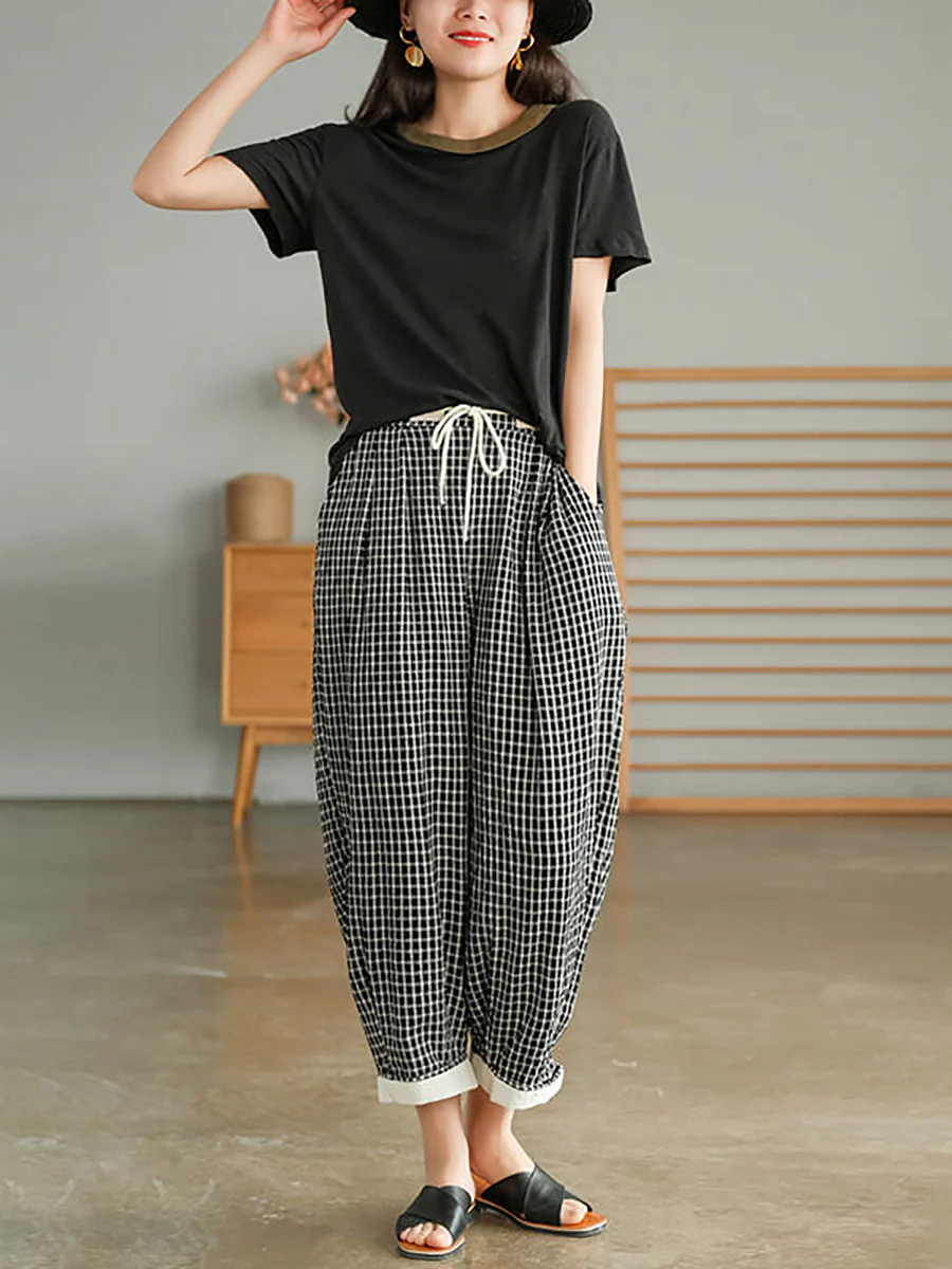 Plus Size Women Plaid Drawstring Pocket Casual Pants - Image 4