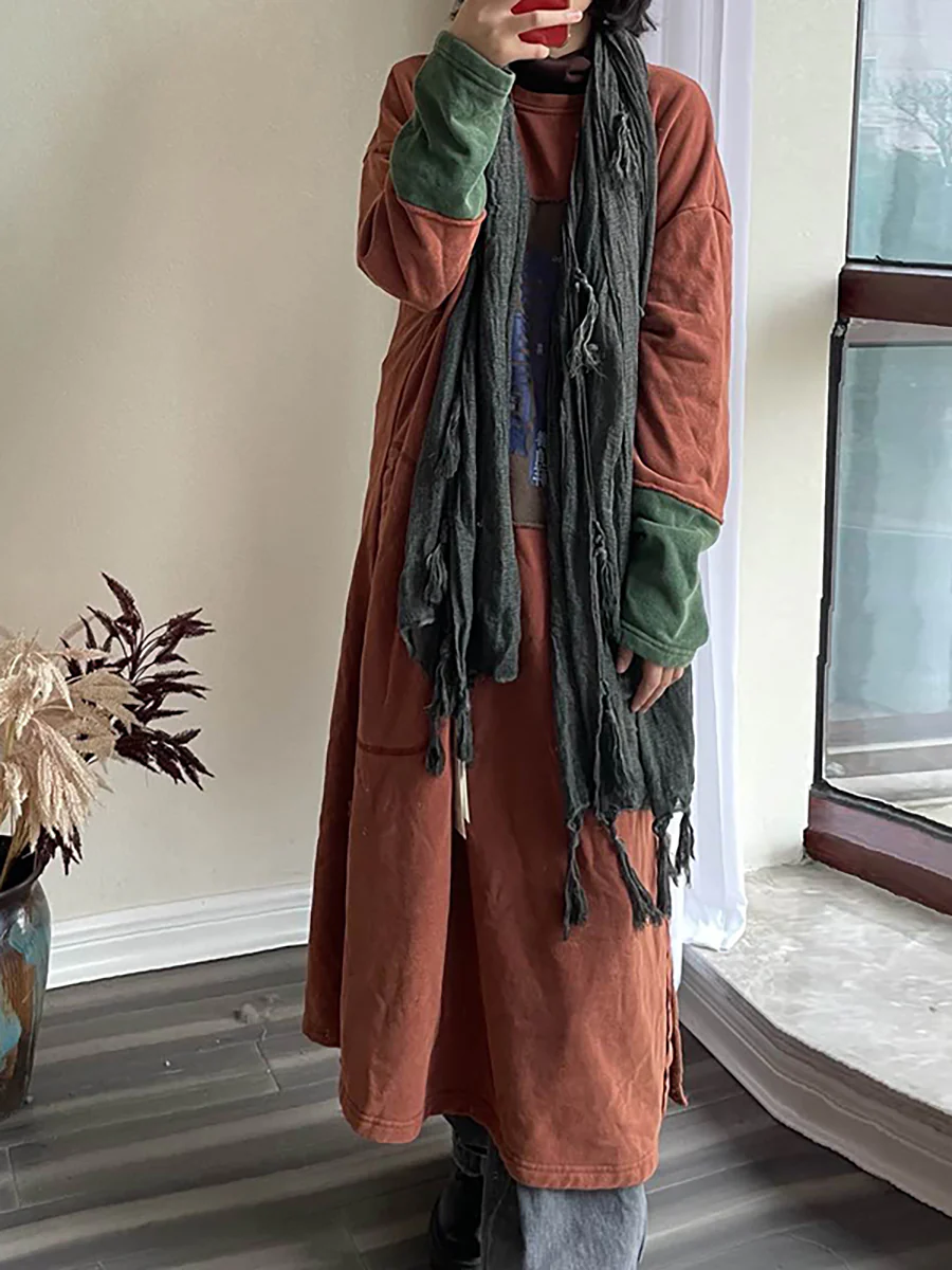 Plus Size Cotton Stitching Patchwork Pocket Long Sleeve Maxi Dress - Image 3