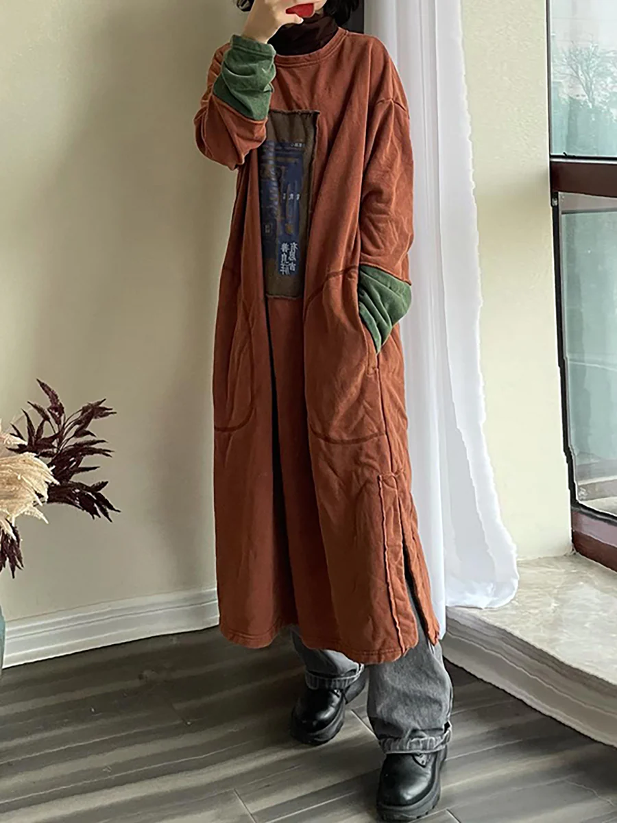 Plus Size Cotton Stitching Patchwork Pocket Long Sleeve Maxi Dress - Image 5