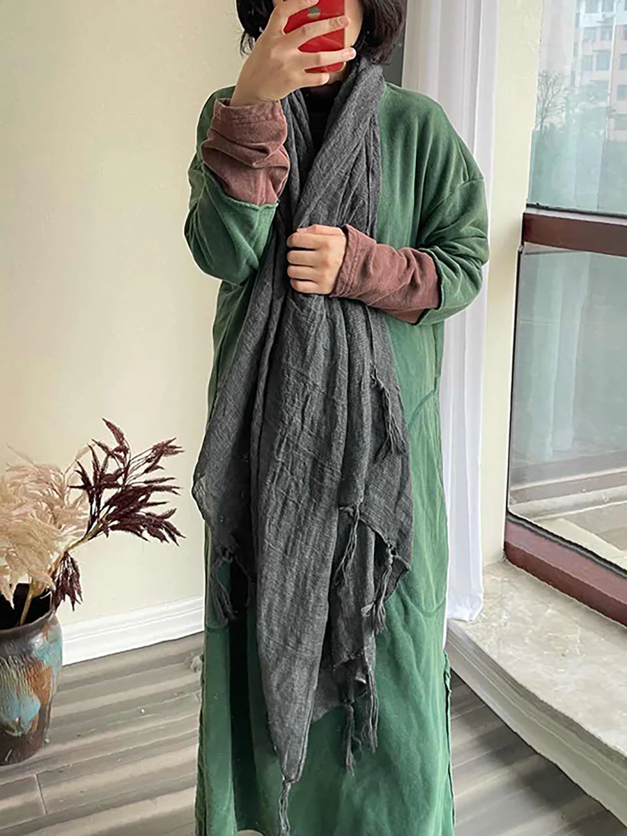 Plus Size Cotton Stitching Patchwork Pocket Long Sleeve Maxi Dress - Image 6