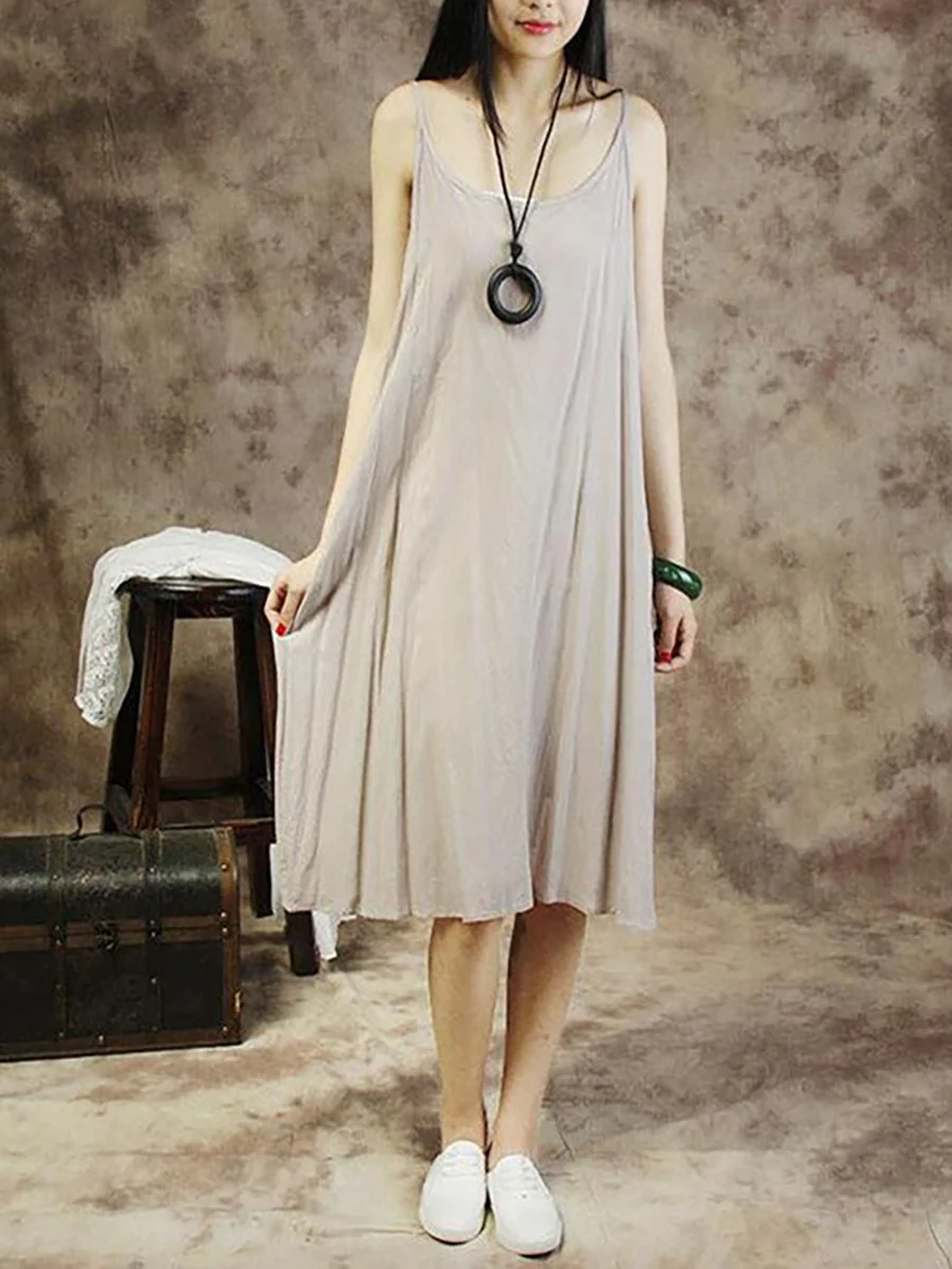 Plus Size Women Solid Color Cotton Vest Dress - Image 4