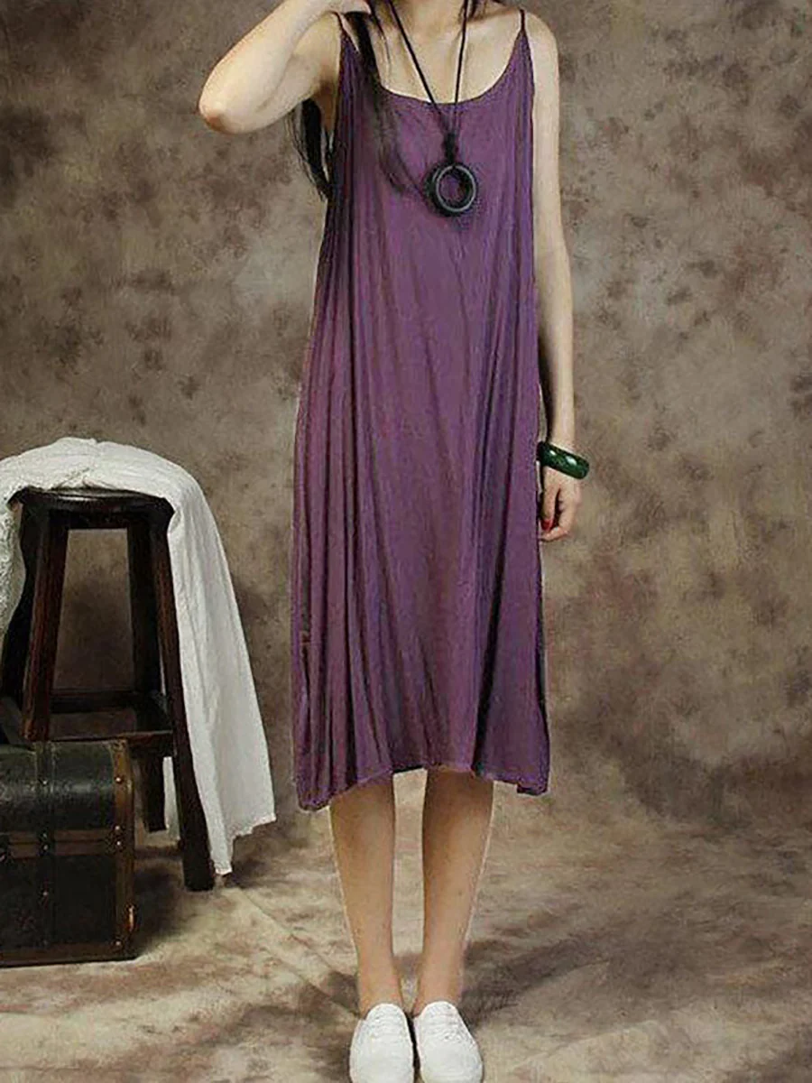 Plus Size Women Solid Color Cotton Vest Dress - Image 5