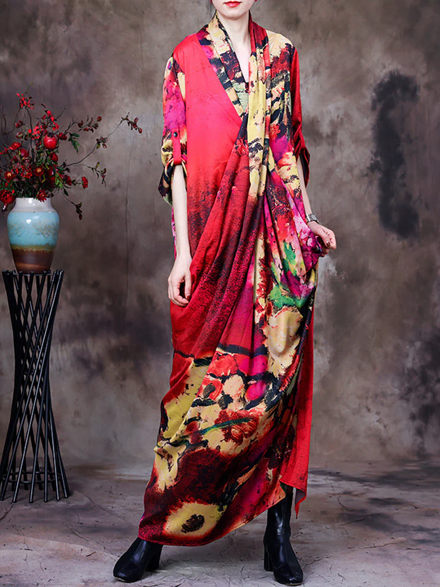 Plus Size -Drape Floral Vintage Women Retro Maxi Dress - Image 3