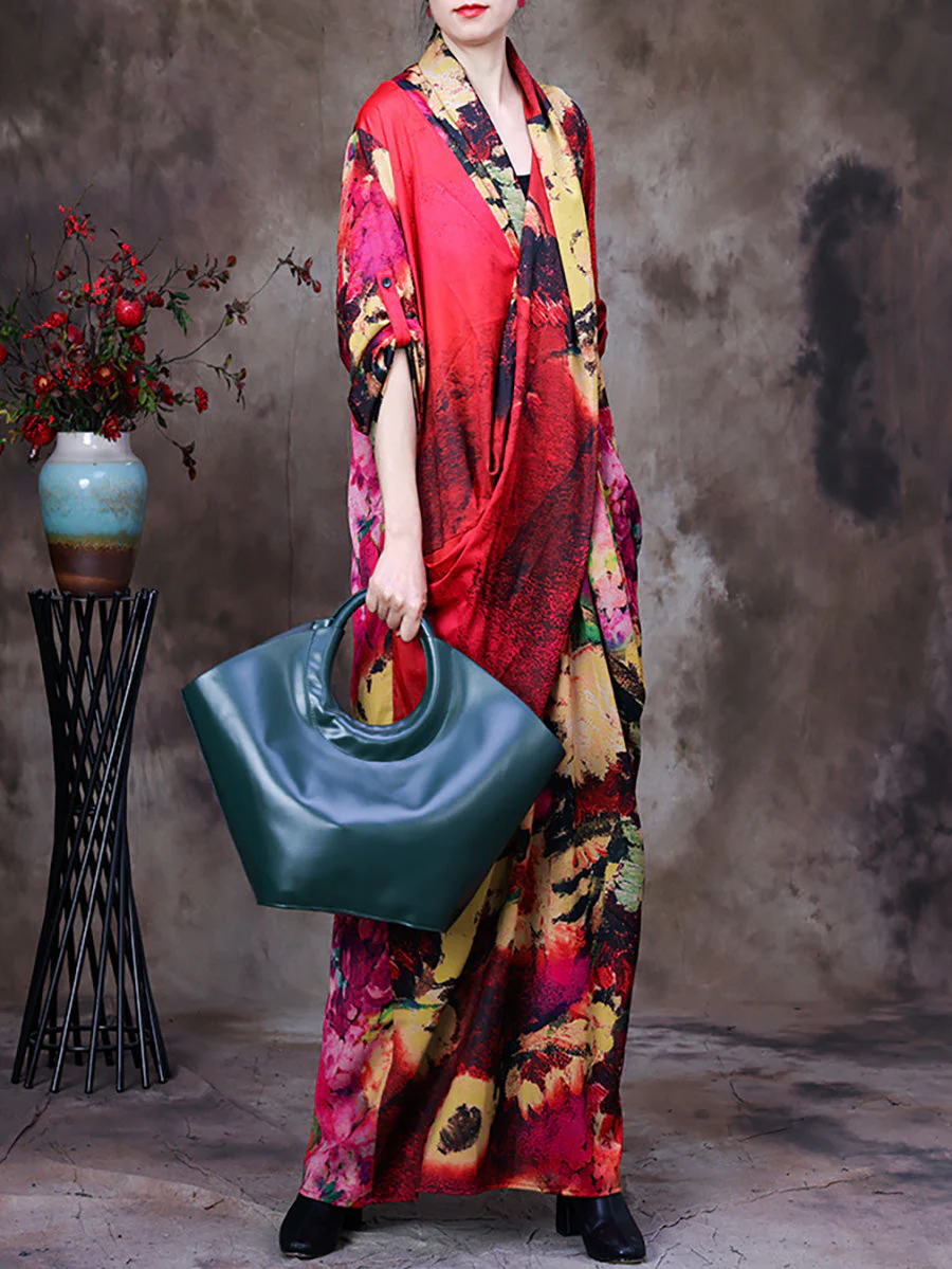 Plus Size -Drape Floral Vintage Women Retro Maxi Dress - Image 4
