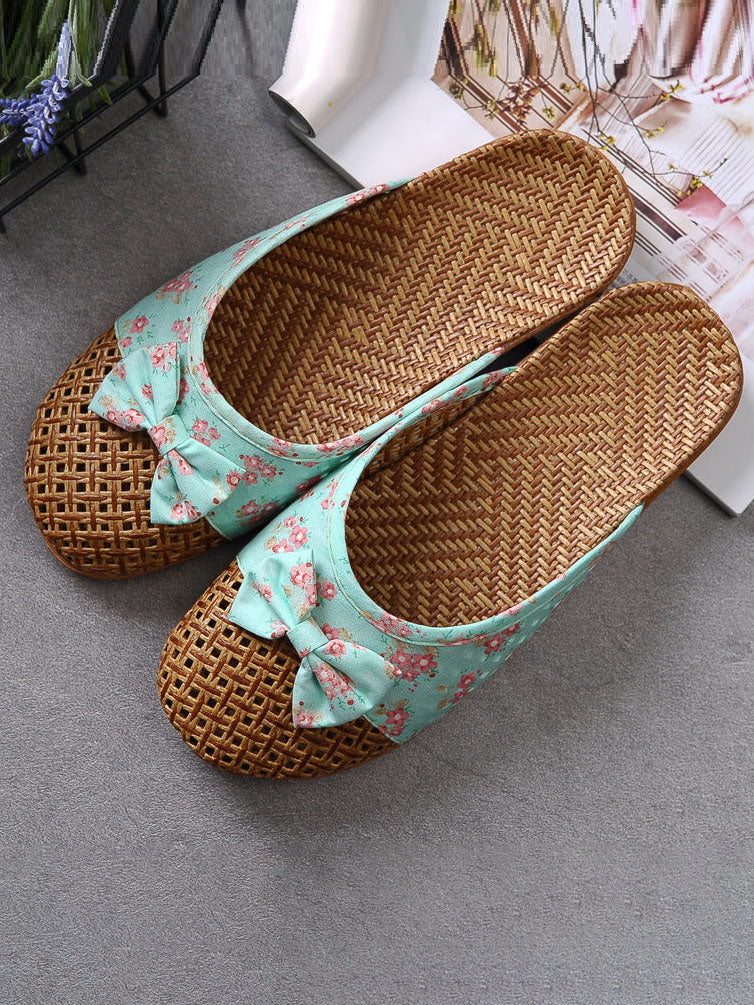 Floral Bowknot Splicing Linen Slippers - Image 3