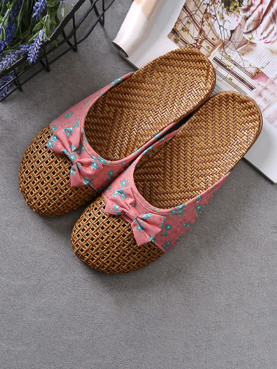 Floral Bowknot Splicing Linen Slippers - Image 4
