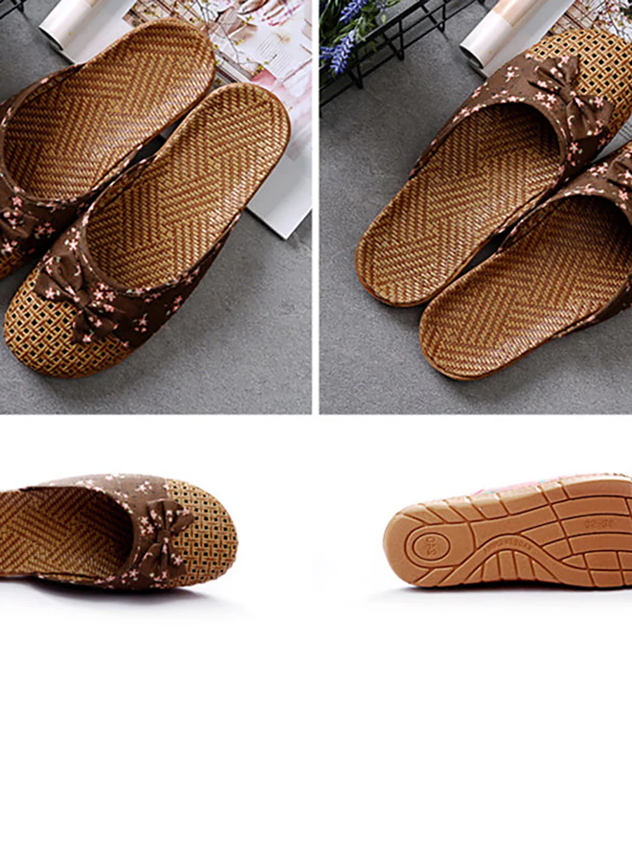 Floral Bowknot Splicing Linen Slippers - Image 5