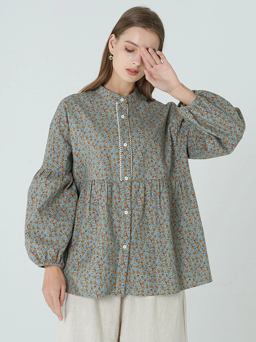Plus Size Floral Prints Loose Long Sleeve Spring Women Shirt M-2XL - Image 3