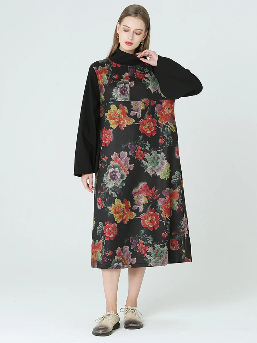 Plus Size Floral Prints Turtleneck Long Sleeve Spring Winter Dress M-2XL - Image 3