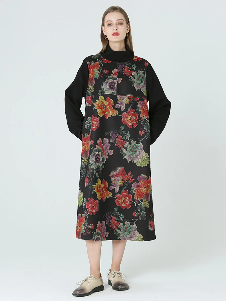 Plus Size Floral Prints Turtleneck Long Sleeve Spring Winter Dress M-2XL - Image 4