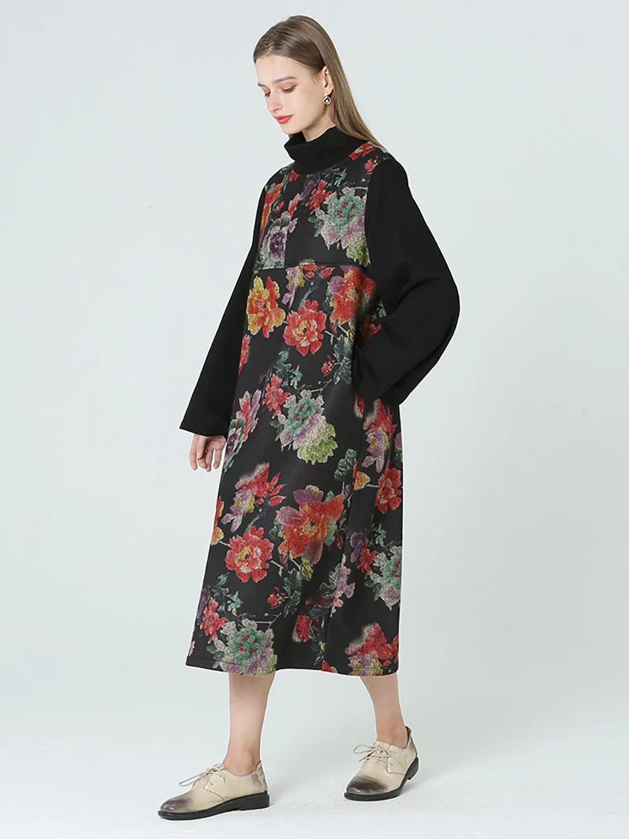 Plus Size Floral Prints Turtleneck Long Sleeve Spring Winter Dress M-2XL - Image 5