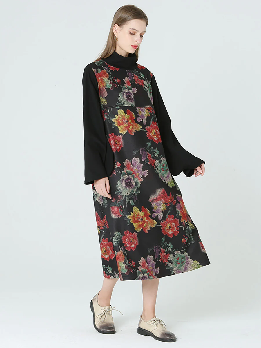 Plus Size Floral Prints Turtleneck Long Sleeve Spring Winter Dress M-2XL - Image 6