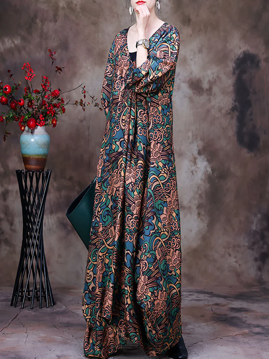 Floral V Neck Summer Vintage Loose Maxi Dress - Image 8