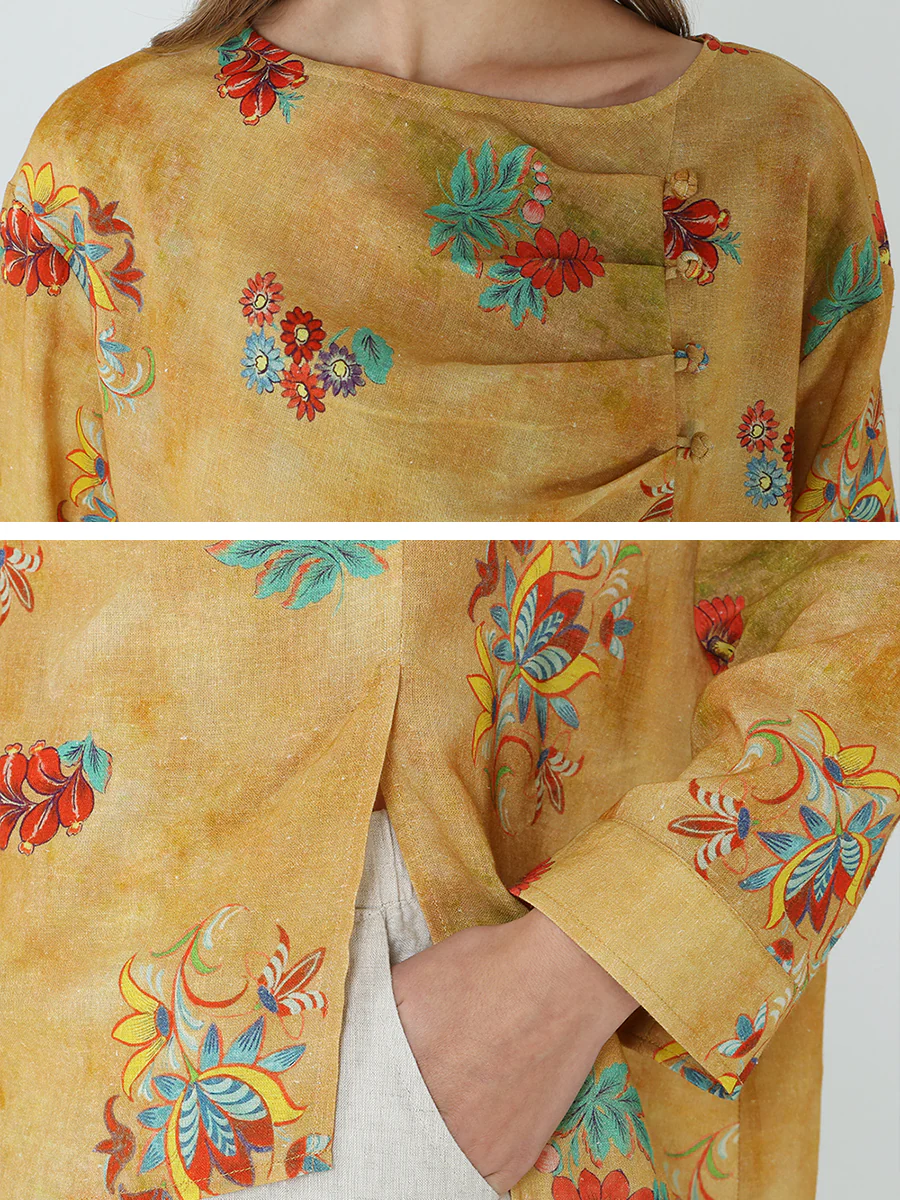 Plus Size Flower Prints Long Sleeve Spring Women Linen T-Shirt M-2XL - Image 10