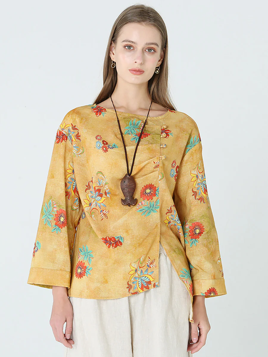 Plus Size Flower Prints Long Sleeve Spring Women Linen T-Shirt M-2XL - Image 3