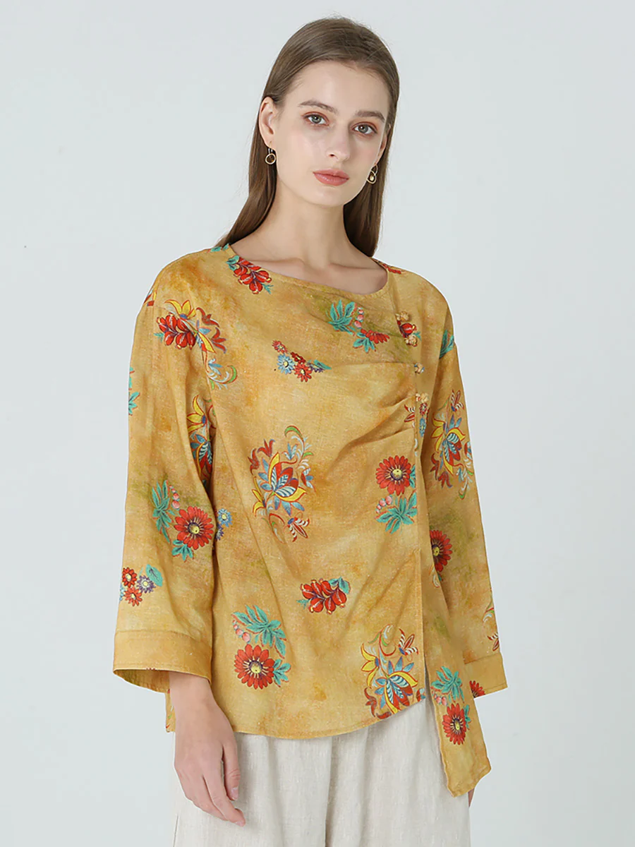 Plus Size Flower Prints Long Sleeve Spring Women Linen T-Shirt M-2XL - Image 4