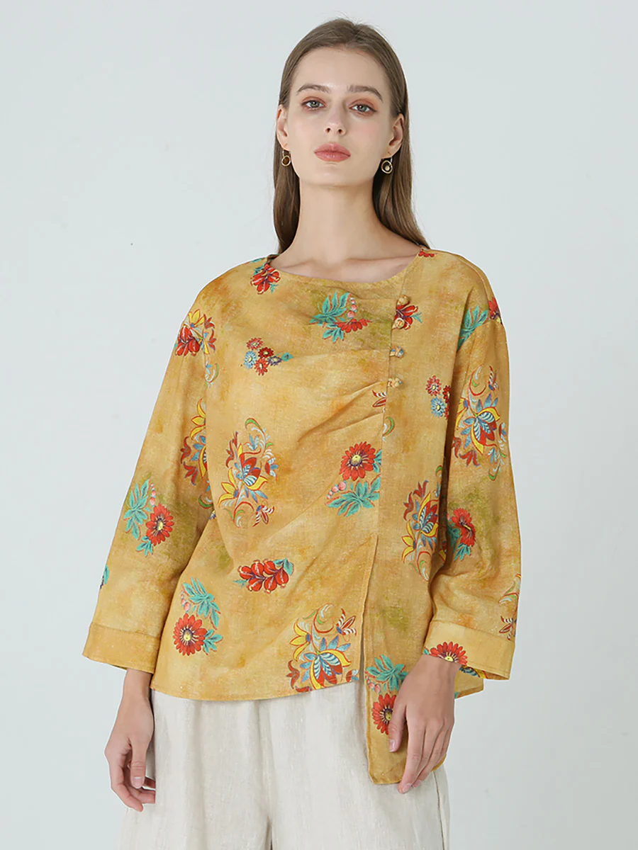 Plus Size Flower Prints Long Sleeve Spring Women Linen T-Shirt M-2XL - Image 5