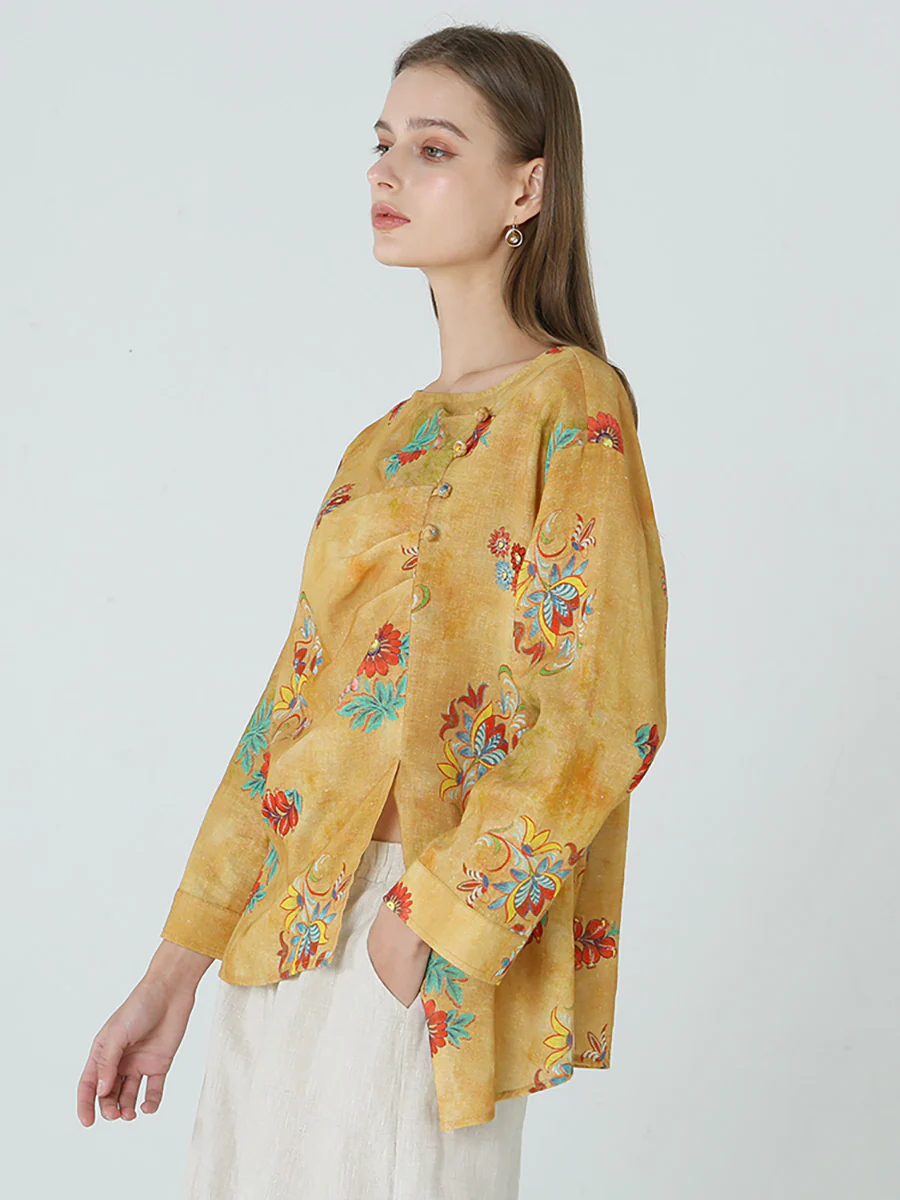 Plus Size Flower Prints Long Sleeve Spring Women Linen T-Shirt M-2XL - Image 6