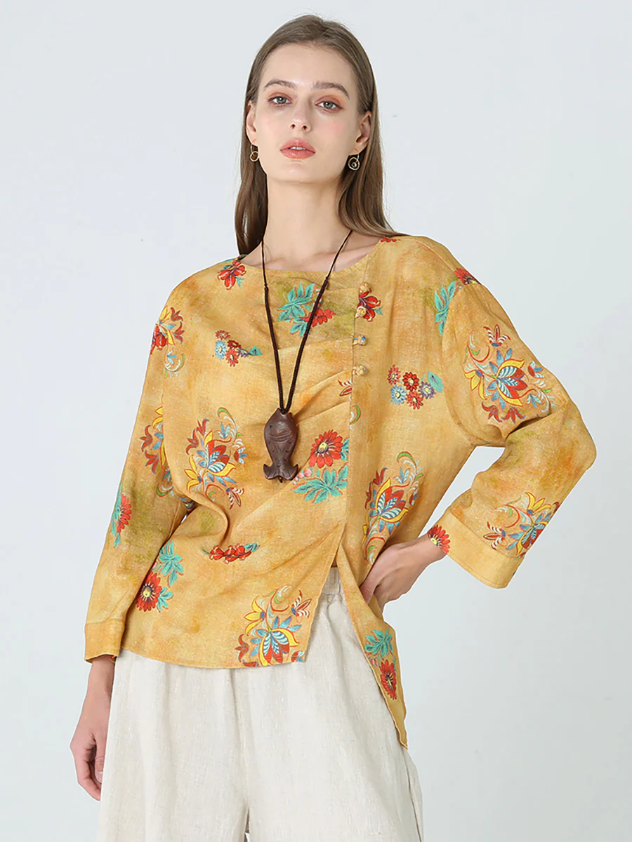Plus Size Flower Prints Long Sleeve Spring Women Linen T-Shirt M-2XL - Image 7