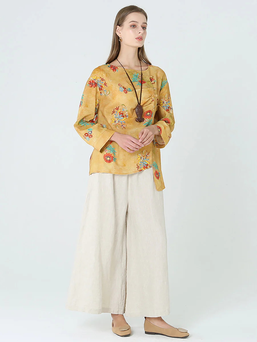 Plus Size Flower Prints Long Sleeve Spring Women Linen T-Shirt M-2XL - Image 8