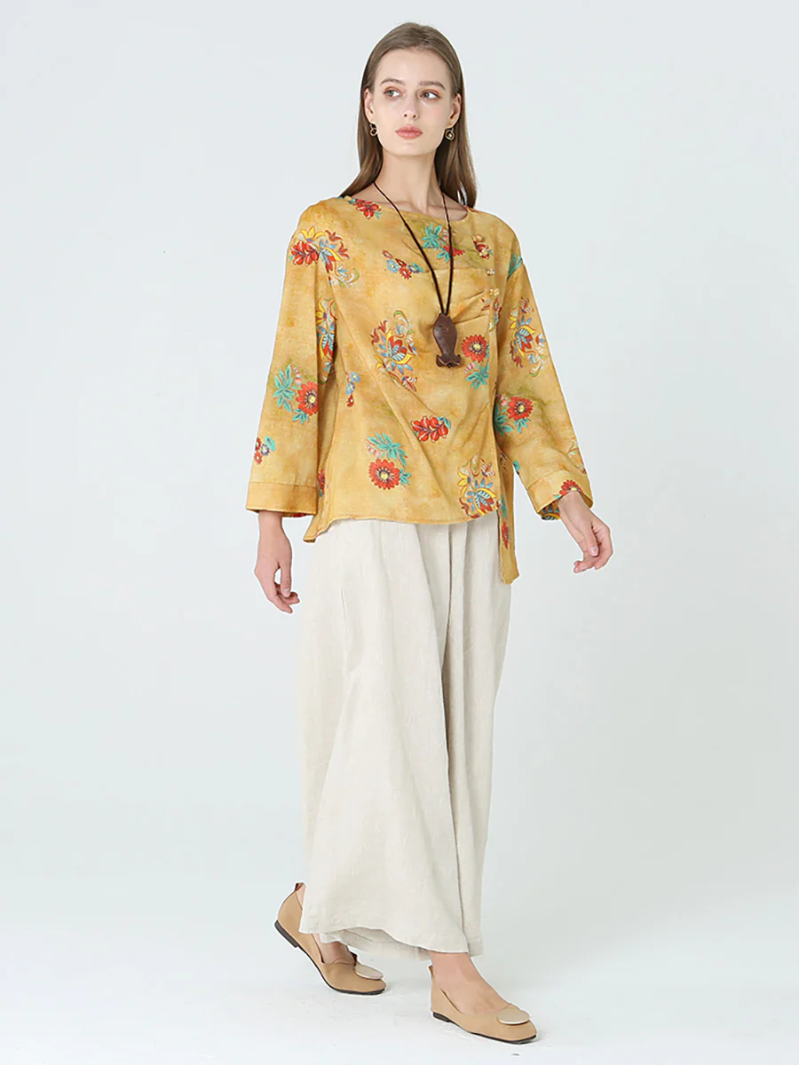 Plus Size Flower Prints Long Sleeve Spring Women Linen T-Shirt M-2XL - Image 9
