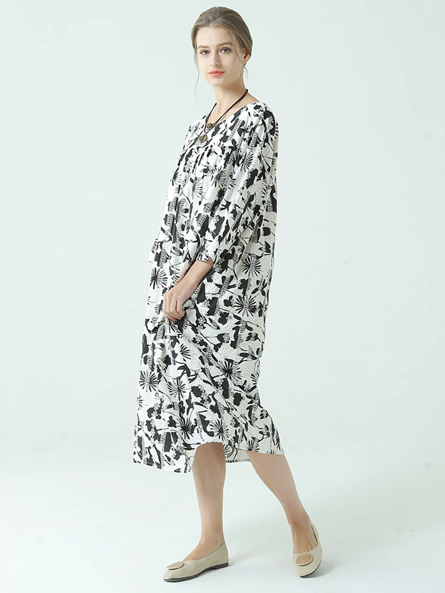 Plus Size Flower Prints O Neck Long Sleeve Pleated Plus Size Dress - Image 3