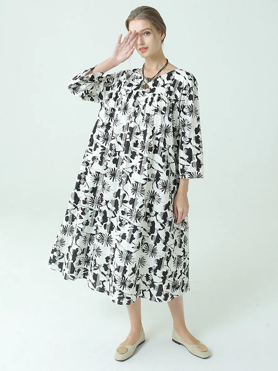 Plus Size Flower Prints O Neck Long Sleeve Pleated Plus Size Dress - Image 4