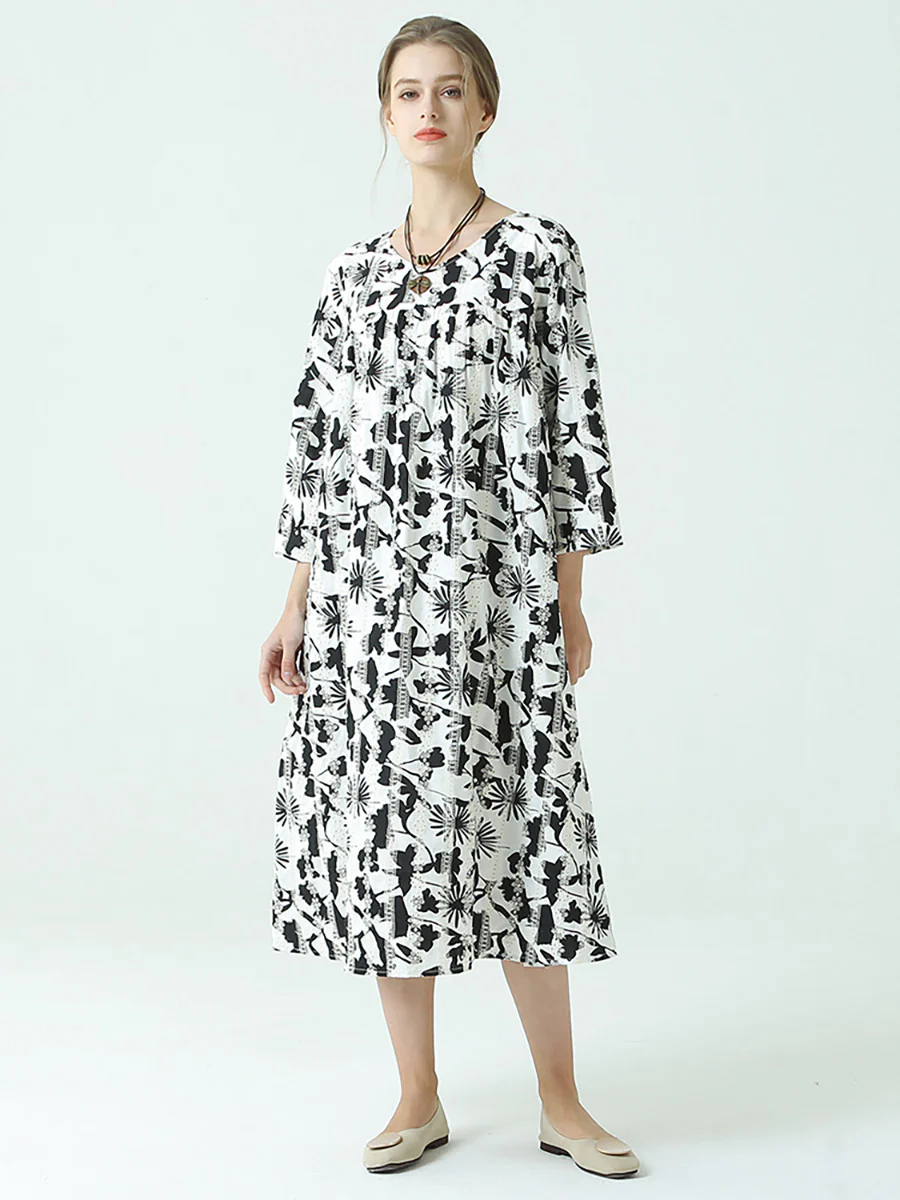 Plus Size Flower Prints O Neck Long Sleeve Pleated Plus Size Dress - Image 5