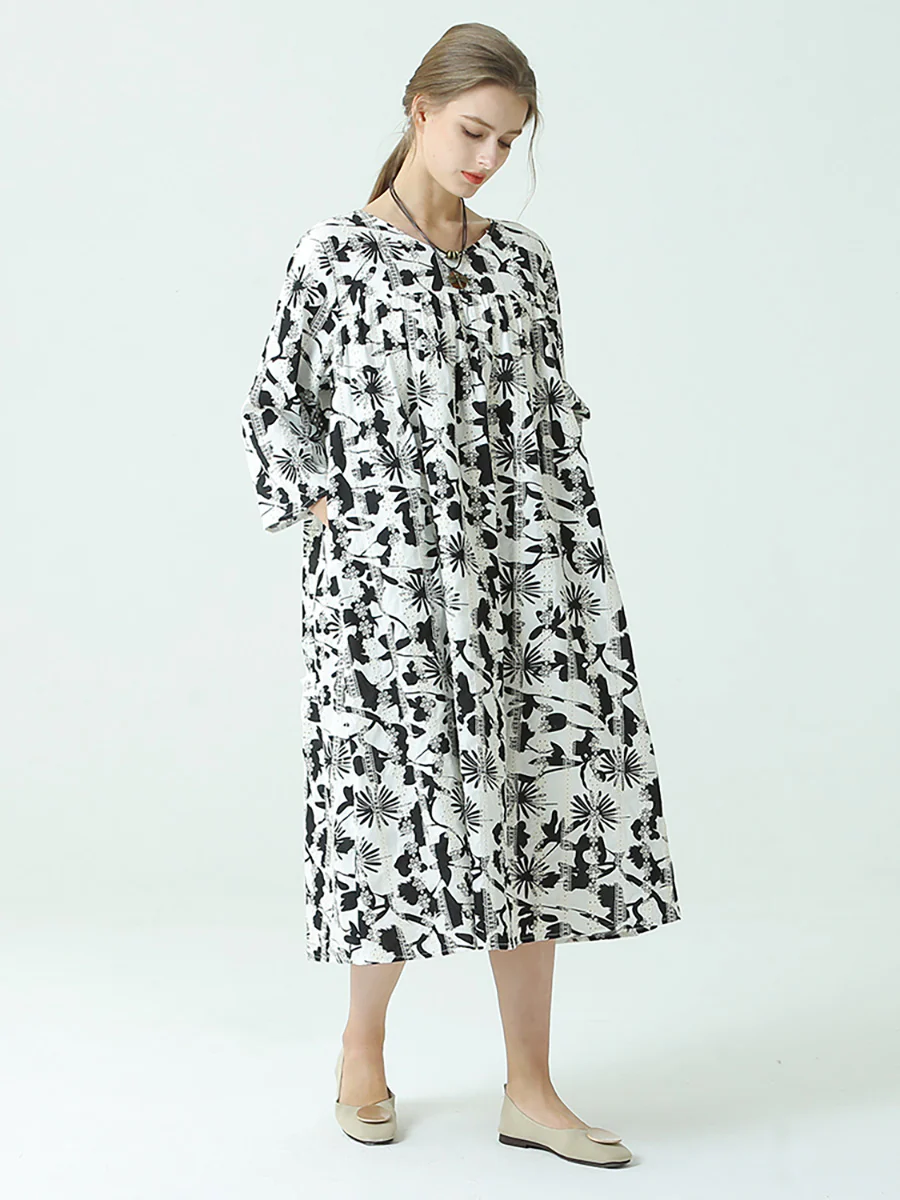 Plus Size Flower Prints O Neck Long Sleeve Pleated Plus Size Dress - Image 6